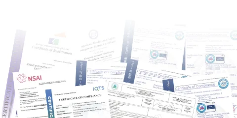 Wall of WENXIN compliance certificates including ISO management and CE product certifications