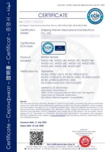 CE Certificate issued by ECM for WENXIN battery sprayers