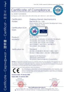 CE Certificate of Compliance issued by ECM for WENXIN brush cutters