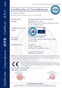 CE Certificate of Compliance issued by ECM for WENXIN diesel rotary cultivators
