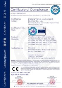 CE Certificate of Compliance issued by ECM for WENXIN gasoline low-power generating sets