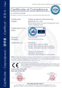 CE Certificate of Compliance issued by ECM for WENXIN lawn mowers