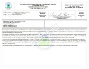 US EPA certificate of conformity for WENXIN generators