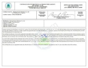 US EPA certificate of conformity for WENXIN generators