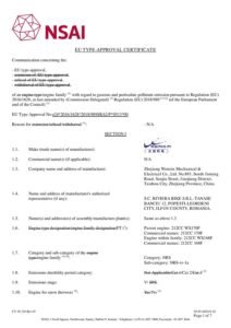 EU type-approval certificate issued by NSAI for WENXIN engines (EU Stage V)
